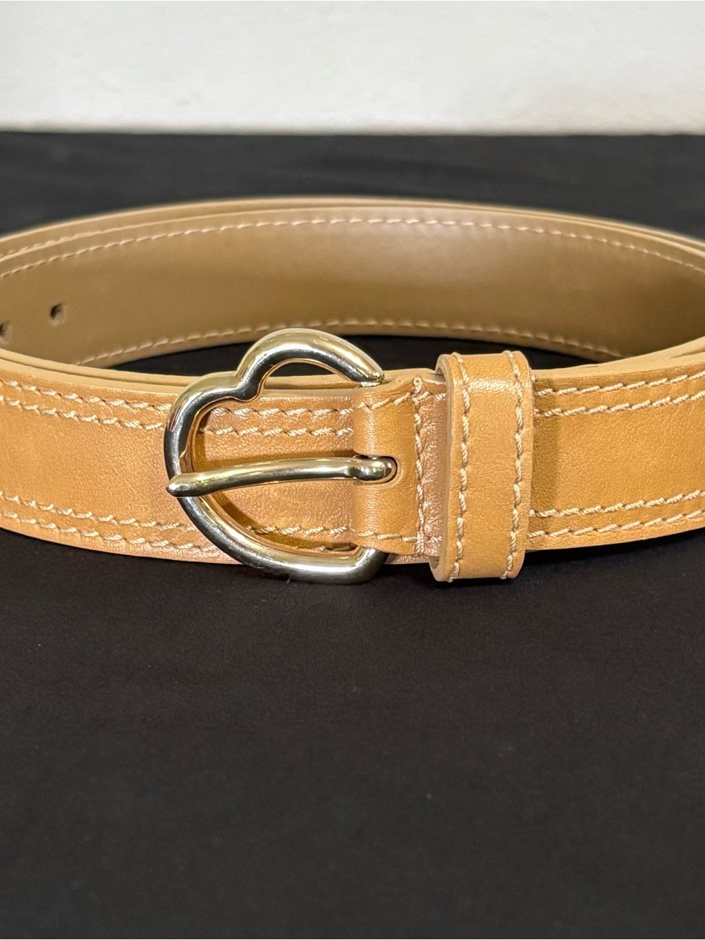 Escada VTG 1990’s Tan Stitched Leather Belt with Gold Tone Heart Buckle
